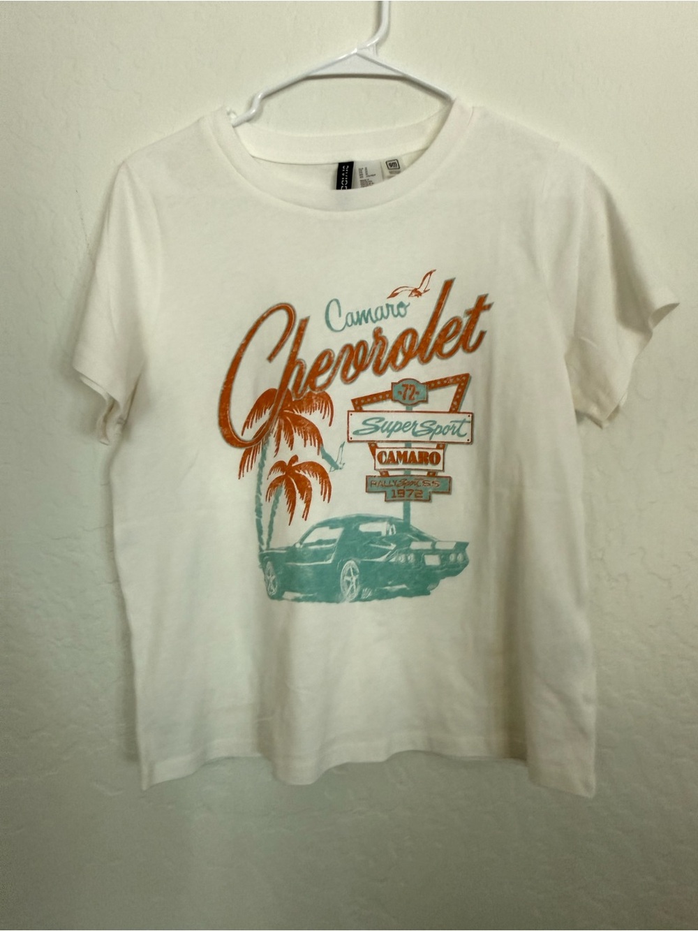 Divided White Women’s H&M T‑Shirt with Teal & Rust Chevrolet Graphic